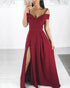 2019 Burgundy Satin Prom Dresses with Split Off The Shoulder Long Pageant Gowns New